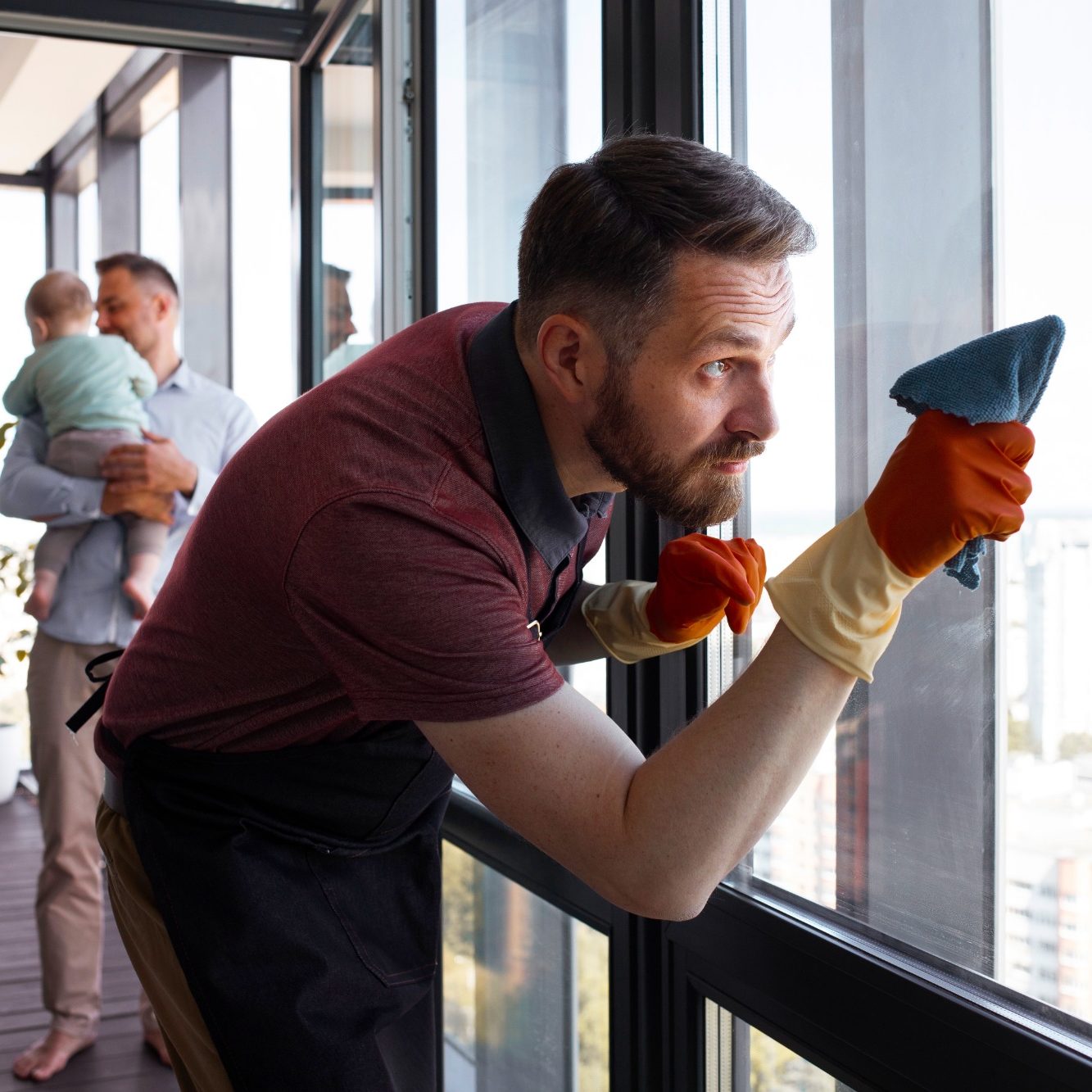Mann putzt ein Fenster, während ein anderer Mann ein Kind hält.