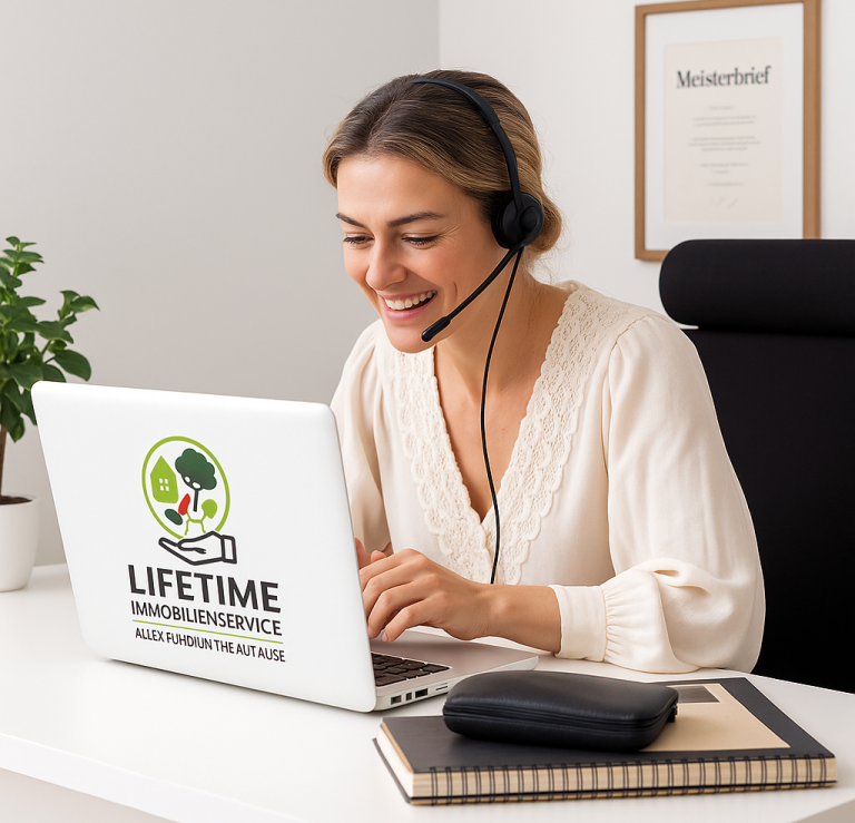 Eine lächelnde Frau mit Headset sitzt an einem Schreibtisch und arbeitet am Laptop.